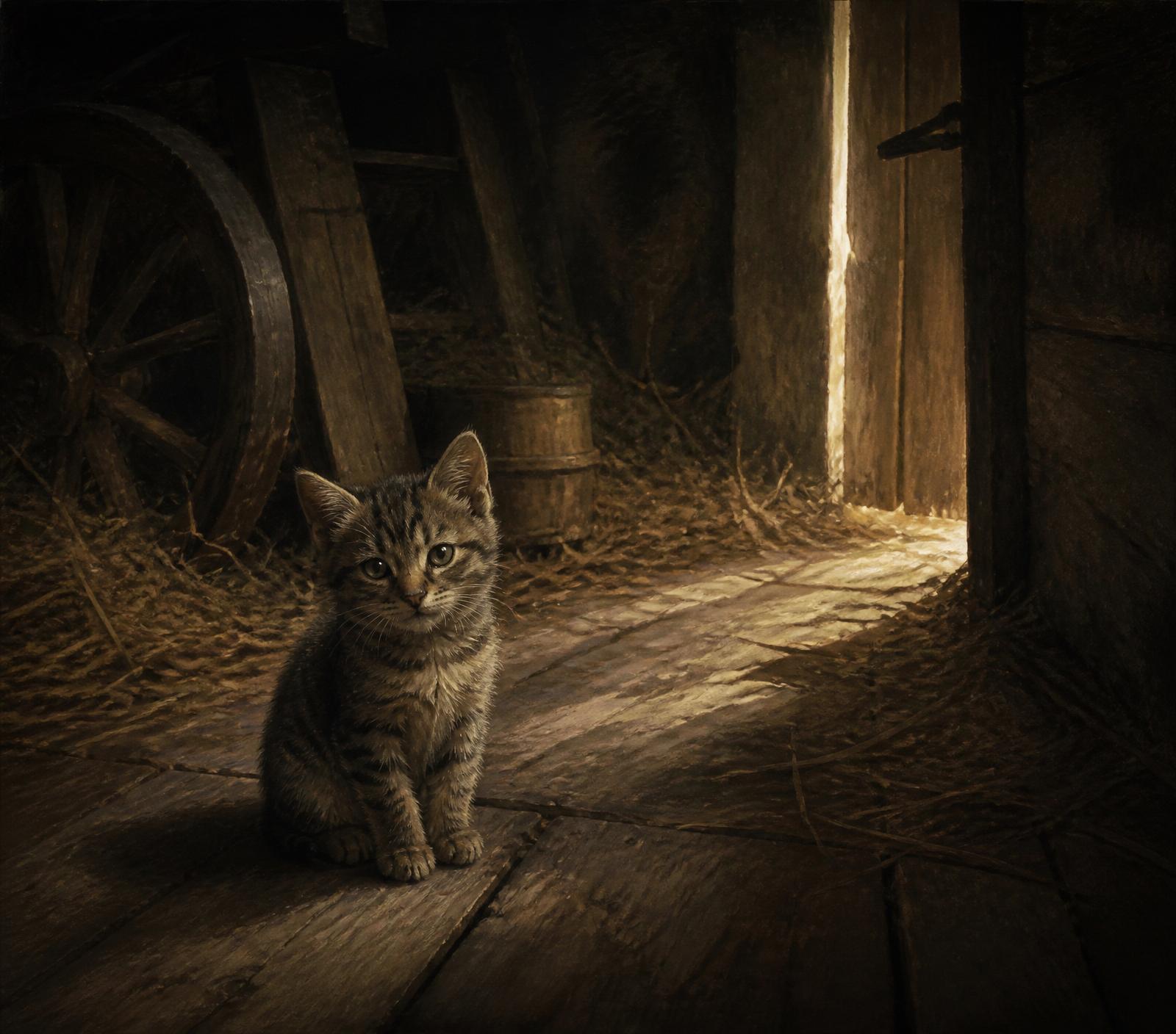 A tabby barn kitten in a dim Czech countryside barn